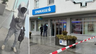 Diese Sparkassen-Filiale in Kufstein wurde Donnerstagvormittag überfallen. Links ein Bild vom ...