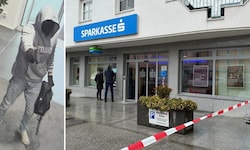 Diese Sparkassen-Filiale in Kufstein wurde Donnerstagvormittag überfallen. Links ein Bild vom ...