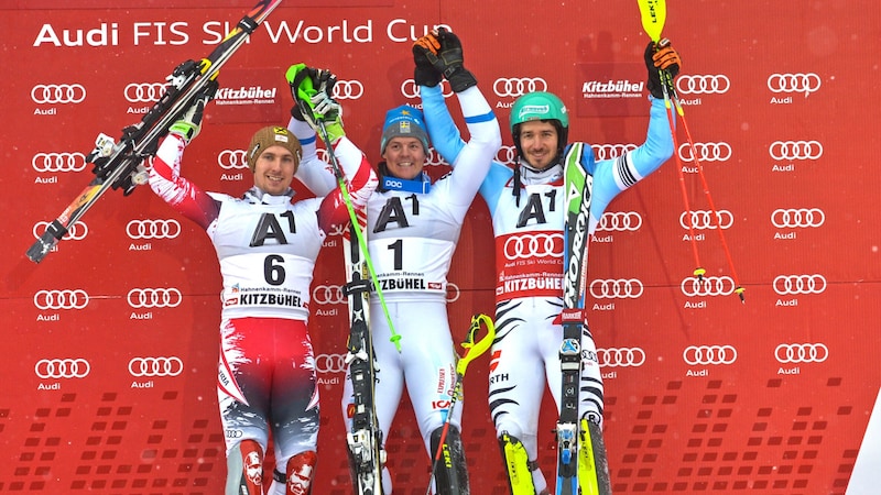 2015 gewann Hargin vor Marcel Hirscher (l.) und Felix Neureuther (r.) den Kitzbühel-Slalom. (Bild: GEPA/GEPA pictures)