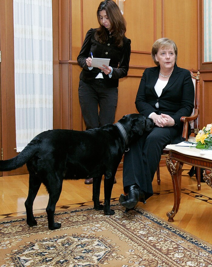 Angela Merkel und Putins Hund „Koni“ im Jahr 2007. Die Kanzlerin war wenig begeistert über die ...