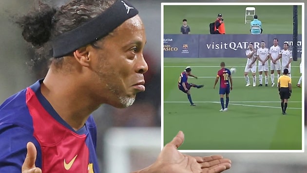 Ronaldinho scheint über sich selbst zu staunen. Der ehemalige Weltfußballer kann‘s immer noch. (Bild: AFP/AFP, Facebook.com/FC Barcelona)