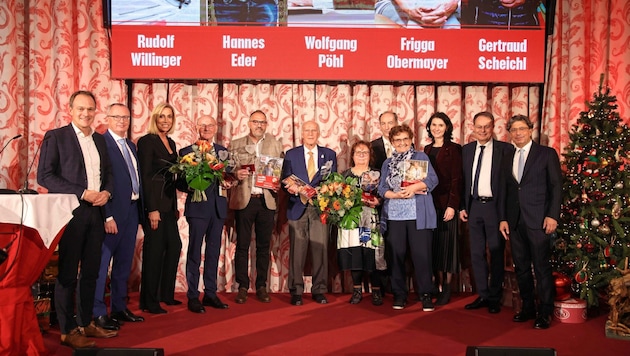 Jury, die ausgezeichneten Herzensmenschen und Krone: Rausch, Herrmann, Gerhardter, Willinger, Eder, Pöhl, Scheichl, Dichand, Obermayer, Ehepaar Drexel und Pándi (Bild: Tröster Andreas/ANDREAS TROESTER)