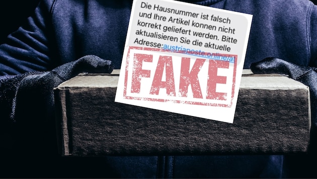 Attention! Fake parcel notifications are currently on the increase. (Bild: Stock Adobe (2), Watchlist, Krone KREATIV)