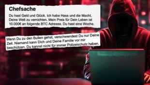 Eine Erpresser-Mail fand ein Waldviertler Unternehmer in seinem elektronischen Postfach. Er wird darin aufgefordert, 10.000 Euro in Form von Bitcoins zu überweisen. (Bild: Krone KREATIV/zVg, stock.adobe.com)