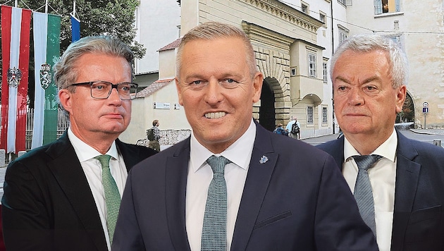 Election winner Mario Kunasek (center) has opted for government negotiations with the ÖVP. Now it remains to be seen how things will continue with the (still) party leaders Christopher Drexler (left) and Anton Lang. (Bild: Krone KREATIV/Christian Jauschowetz, Sepp Pail)