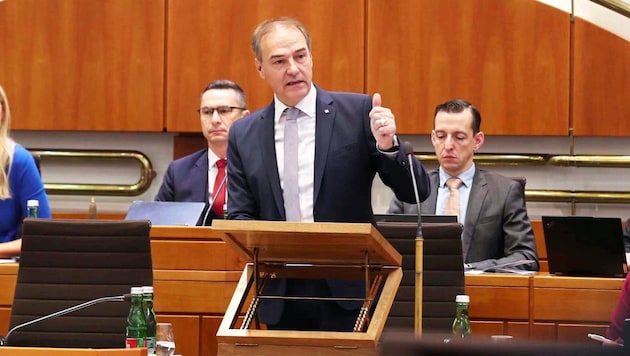 Provincial Councillor Leonhard Schneemann gave the budget speech. Doskozil's seat remained empty. (Bild: Reinhard Judt)