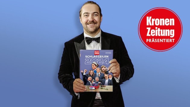 Unser Olympiasieger Valentin Bontus blätterte bereits interessiert im „Krone“-Buch. Er freut sich, dass er es sogar aufs Cover geschafft hat. (Bild: Krone KREATIV/Mario Urbantschitsch)