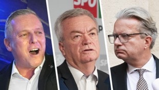 Zwischen Höhenflug und Stimmungstiefs: Die steirischen Parteichefs Mario Kunasek (FPÖ), Anton Lang (SPÖ) und Christopher Drexler (ÖVP) (Bild: Krone KREATIV/Sepp Pail, Christian Jauschowetz)