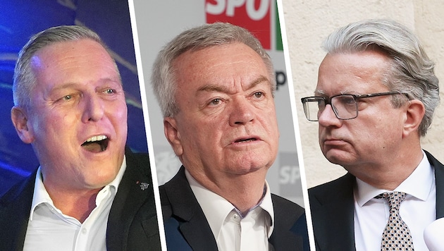 Zwischen Höhenflug und Stimmungstiefs: Die steirischen Parteichefs Mario Kunasek (FPÖ), Anton Lang (SPÖ) und Christopher Drexler (ÖVP) (Bild: Krone KREATIV/Sepp Pail, Christian Jauschowetz)