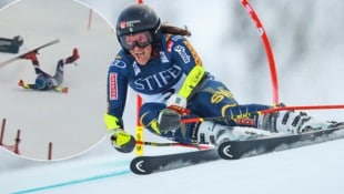 Mikaela Shiffrin stürzt, Sara Hector gewinnt (Bild: GEPA pictures, ORF Screenshot)