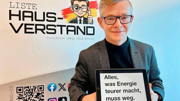 Géza Molnár setzt im Programm für die Wahl 2025 voll auf das Thema „Energie“: „Strom muss für Kunden so billig wie möglich sein.“ (Bild: Liste Hausverstand)