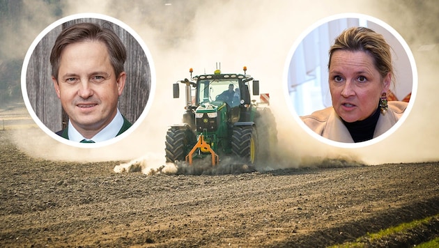 The Farmers' Union and the President of the Chamber of Agriculture, Johannes Schmuckenschlager, claimed that FPÖ Provincial Councillor Rosenkranz (right) was threatening the farmers with expropriation. This has now been refuted. (Bild: Krone KREATIV/Attila Molnar, Fotograf & Fee, Sepp Pail)