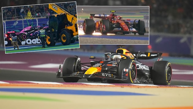 Max Verstappen hat ein chaotisches Rennen in Katar gewonnen. (Bild: Associated Press, APA/AFP/Giuseppe CACACE, Screenshot Servus TV)