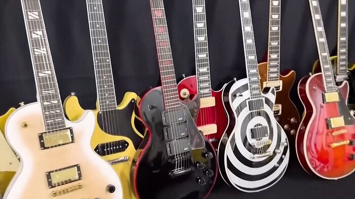 Some of the more than 3,000 counterfeit Gibson brand electric guitars.