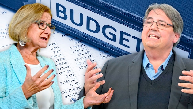 The current budget situation is causing an exchange of blows between Josef Muchitsch (right) and Johanna Mikl-Leitner. (Bild: Krone KREATIV/APA stock.adobe.com)