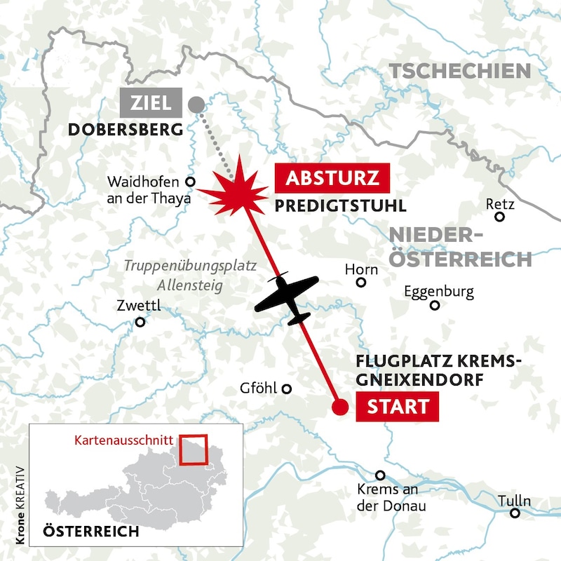 Die Flugroute des abgestürzten Kleinflugzeugs. (Bild: Krone KREATIV)