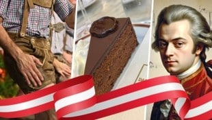 Lederhose, Sacher-Torte und Amadeus Mozart – Österreich ist für unterschiedlichste Personen und Produkte bekannt. (Bild: stock.adobe.com/Krone kreativ)