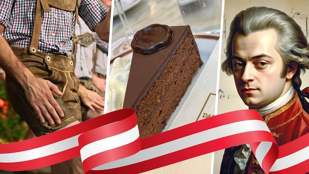 Lederhose, Sacher-Torte und Amadeus Mozart – Österreich ist für unterschiedlichste Personen und Produkte bekannt. (Bild: stock.adobe.com/Krone kreativ)