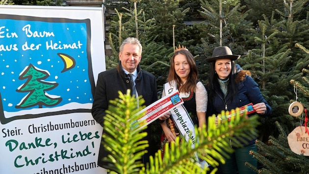 Der Christbaum startet wieder in die Hochsaison! Martina Lienhart (re.), Obfrau der Christbaumbauern, mit der Christbaumprinzessin Martina im feschen Christbaumdirndl und Kammerpräsident Franz Titschenbacher (Bild: Jauschowetz Christian)