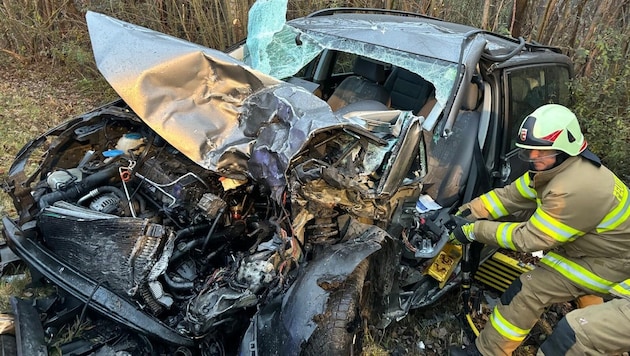 Die Feuerwehr musste den Fahrer aus dem Wagen schneiden. (Bild: FF Nußdorf)