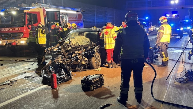 Nach Kollision mit Lkw blieb vom E-Auto ein Schrotthaufen. (Bild: FF Wiener Neudorf)