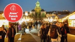 Die Verkaufs- und Punschhütten sind wie ein kleines Dorf rund um das Maria-Theresia-Denkmal aufgestellt. (Bild: Krone KREATIV/Reinhard Holl)