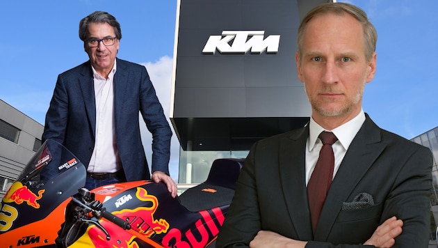 Spott, Häme und Kritik muss Stefan Pierer (li.) nach der Insolvenz bei KTM einstecken. „Das Bashing ist nicht berechtigt“, sagt Florian Beckermann (re.) im Interview. (Bild: Krone KREATIV/IVA – Interessenverband für Anleger, Manfred Fesl, KTM/Philip Platzer)