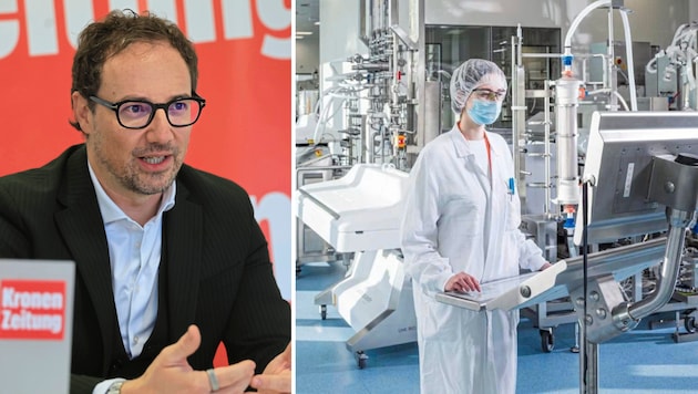 Roland Gander (links) ist der Geschäftsführer von Novartis in Kundl und Schaftenau. (Bild: Christof Birbaumer/Novartis/Krone KREATIV)