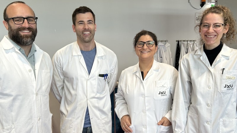 Ian Teasdale (left), Stephan Haudum from the Institute of Polymer Chemistry and Eleni Priglinger and Laura Müller (right) from the Med Campus conducted research. (Bild: zVg)