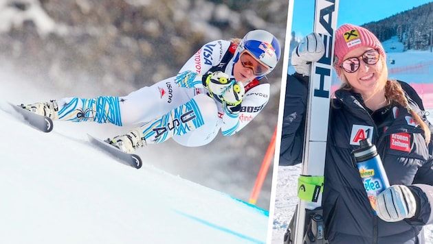 Lindsey Vonn (l.) und Nina Ortlieb geben am Samstag in Copper Mountain ihr Renncomeback. (Bild: Krone KREATIV/GEPA, Ski Austria)