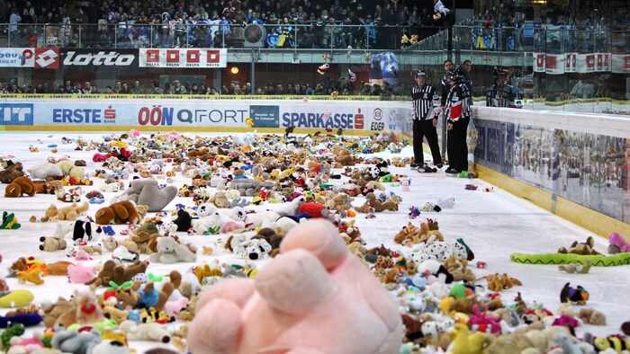 Das Linzer Eis wird am Freitag wieder mit Kuscheltieren „gepolstert“.