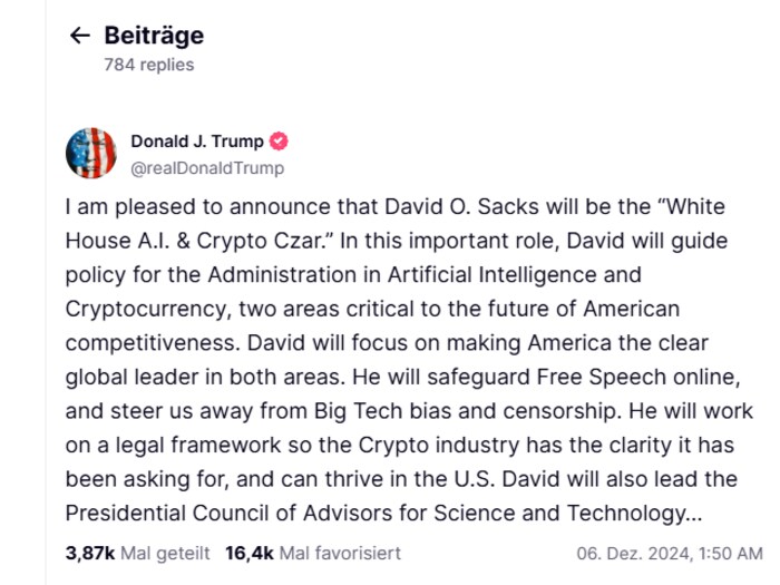 Trump bezeichnete die beiden Bereiche KI und Krypto als kritisch für die amerikanische ...