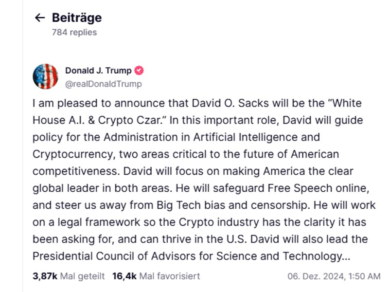 Trump described the two areas of AI and crypto as critical to American competitiveness. (Bild: truthsocial.com/@realDonaldTrump)