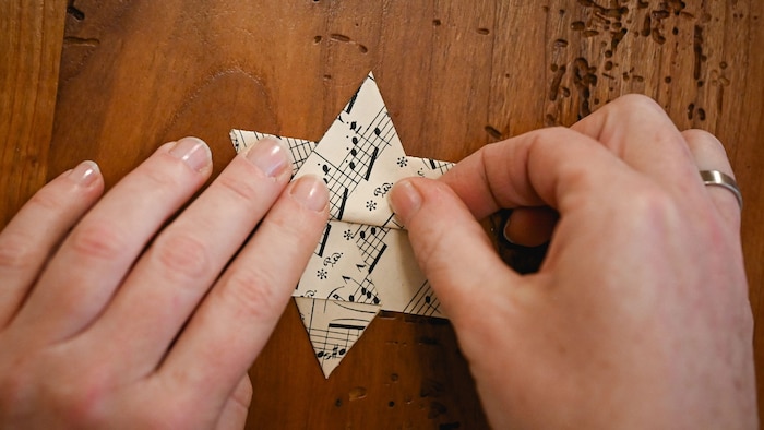 Die anderen Dreiecke nach innen klappen, dann Spitzen ebenfalls nach außen falten.