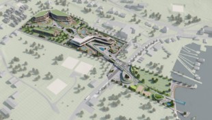 Das Projekt besteht aus zwei Hotelblöcken (in der Ecke links oben), der Therme (Mitte) und dem ...