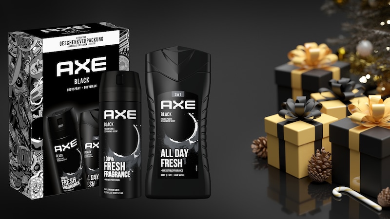 Das AXE Geschenkset „Black“ vereint dezente Eleganz und langanhaltende Frische. (Bild: AXE; stock.adobe.com)