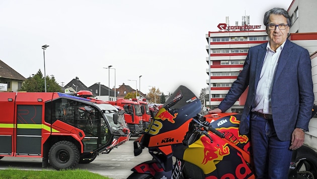 Stefan Pierer (re.) will gemeinsam mit Mark Mateschitz und der Raiffeisen OÖ die Mehrheit an Rosenbauer übernehmen. (Bild: Krone KREATIV/Markus Wenzel, Philip Platzer)