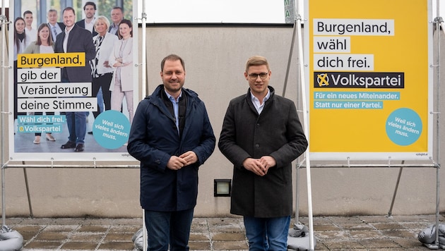 Fazekas and Sagartz at the presentation of the election posters. (Bild: zVg)