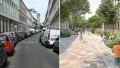 Die Bernardgasse in Wien-Neubau war vor ihrer Umgestaltung (Bild rechts) durch eine Bürgerbeteiligung eine reine Parkplatzzone – wie auch fast die Hälfte der Wiener Straßen. (Bild: Peter Tomschi, EGKK Landschaftsarchitektur)