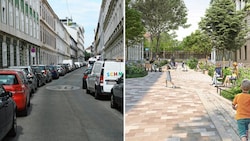 Die Bernardgasse in Wien-Neubau war vor ihrer Umgestaltung (Bild rechts) durch eine Bürgerbeteiligung eine reine Parkplatzzone – wie auch fast die Hälfte der Wiener Straßen. (Bild: Peter Tomschi, EGKK Landschaftsarchitektur)