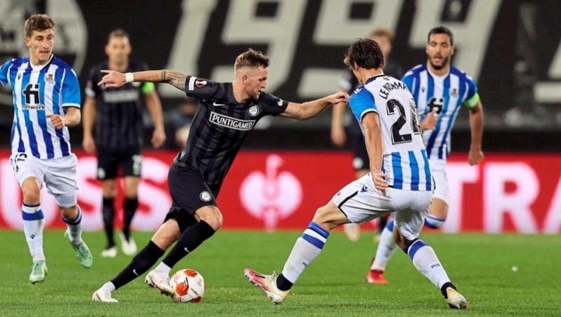 Jakob Jantscher (M. gegen Real Sociedad) spielte selbst 25 Mal für Sturm im Europacup. (Bild: GEPA/GEPA pictures)