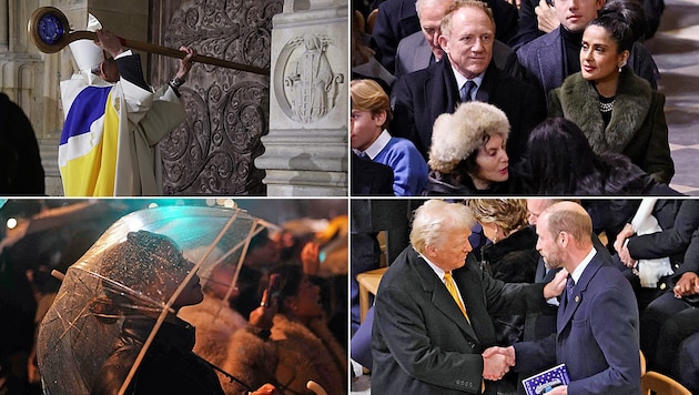 Prominent guests of honor at the opening ceremony in Notre-Dame Cathedral, outside the onlookers braved the bad weather. (Bild: picturedesk.com/AFP, AP)