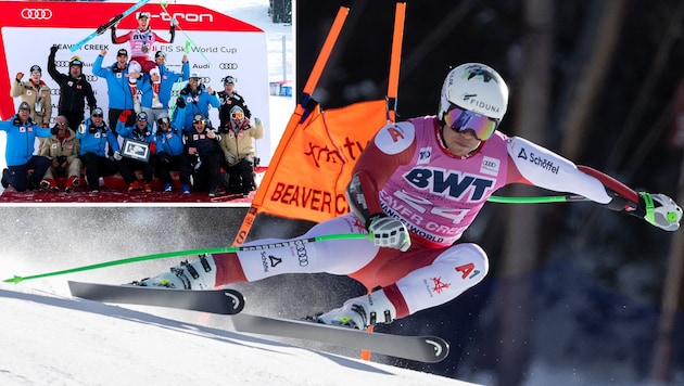 Lukas Feurstein skied sensationally to third place and was duly celebrated afterwards. (Bild: GEPA pictures)