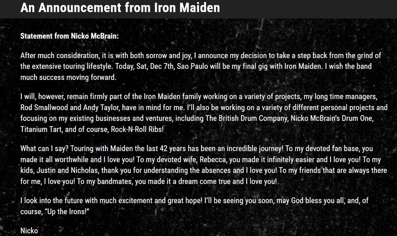 Nicko's announcement on the band's homepage in the original (Bild: ironmaiden.com)