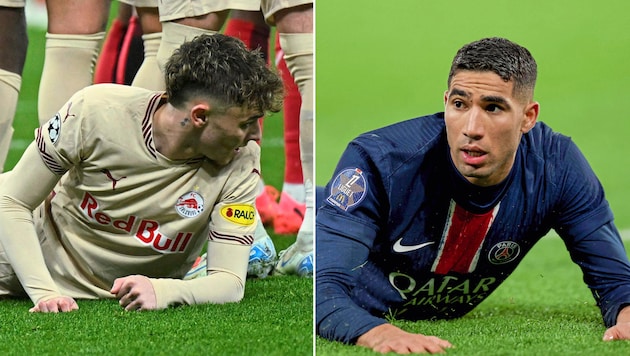 Both with problems: Salzburg (left, Clark) and PSG despite stars like Hakimi. (Bild: AFP)