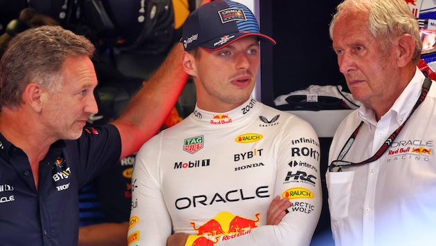 Gesprächsbedarf bei Red Bull: Christian Horner, Max Verstappen und Helmut Marko (von li. nach re.) (Bild: GEPA pictures)