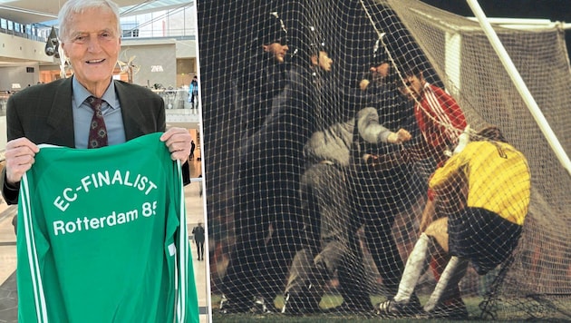 Wild scenes from 12. 12. 1984: Herbert Feurer was maltreated in goal by a hooligan with kicks. Willi Kaipel (left), now 76, wearing a jacket and tie from back then and the European Cup final shirt from 1985, remembers. (Bild: Getty Images)