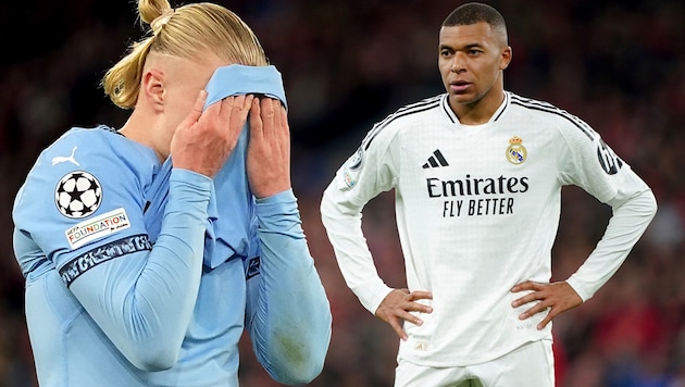 Manchester Citys Erling Haaland (li.) und Real Madrids Kylian Mbappe müssen gehörig zittern. (Bild: AP/Peter Byrne, Martin Rickett)