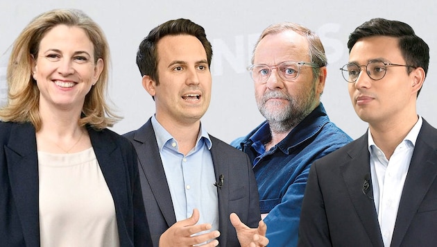 Beate Meinl-Reisinger hat bald Posten zu verteilen. Christoph Wiederkehr, Sepp Schellhorn und Yannick Shetty sind im Rennen. (Bild: Krone KREATIV/krone.tv, Peter Tomschi, APA/Hans Punz,HELMUT FOHRINGER)