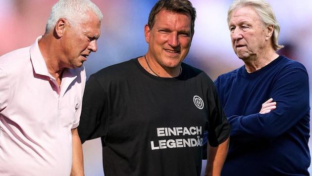 Toni Polster, Andi Herzog, Horst Hrubesch (von links) – sie alle tummeln sich am 21. Dezember in Hard beim Legenden-Cup. (Bild: GEPA)